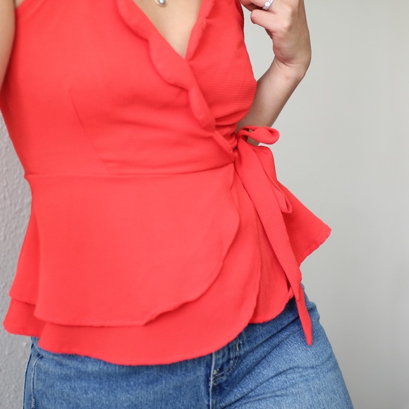 Red-Orange Ruffled Wrap Top - Picture 2 of 4